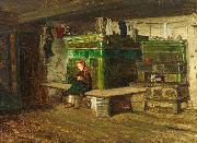 view into a Blackforest living room with small girl on the oven bench Georg Saal